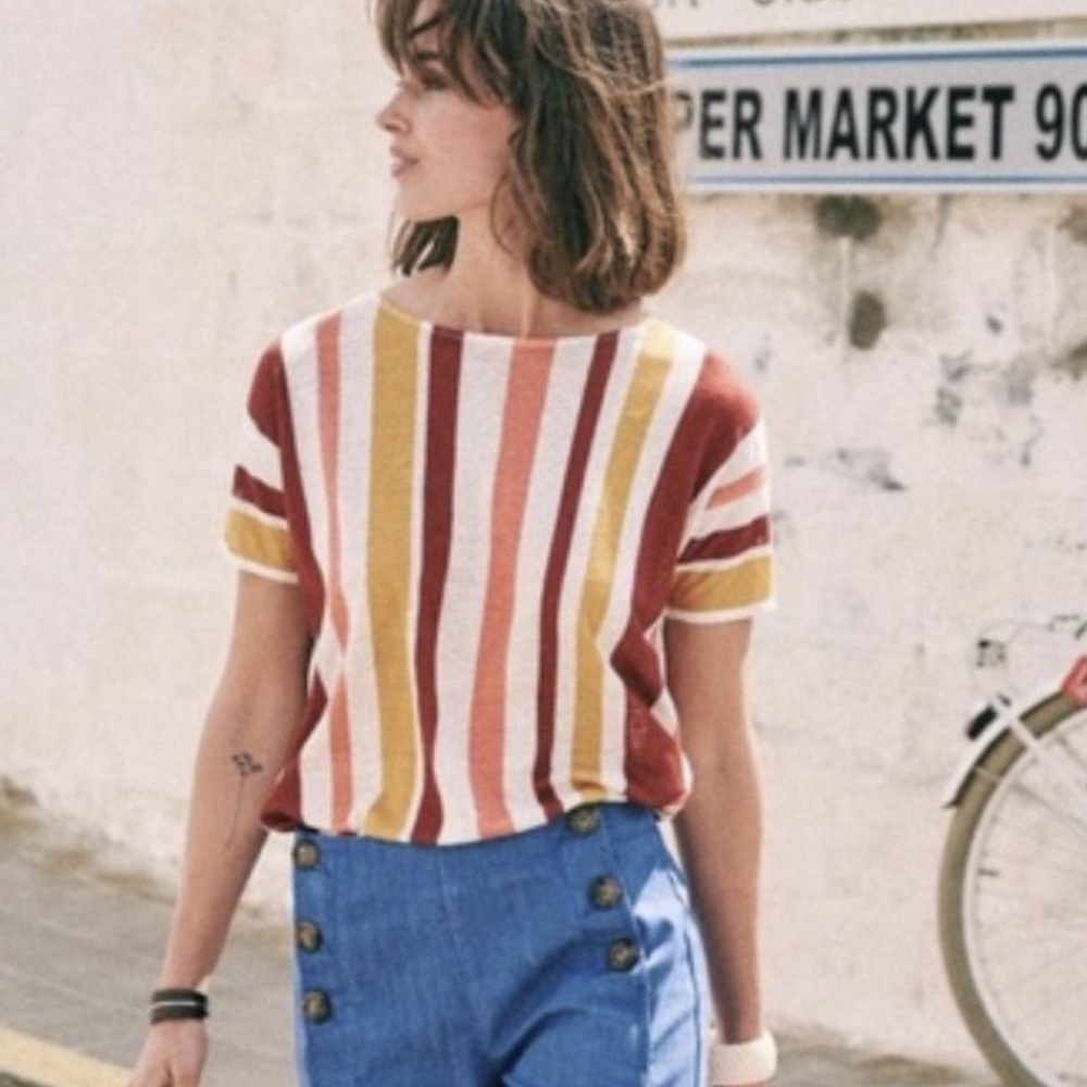 Sézane multi colored striped tee with back buttons